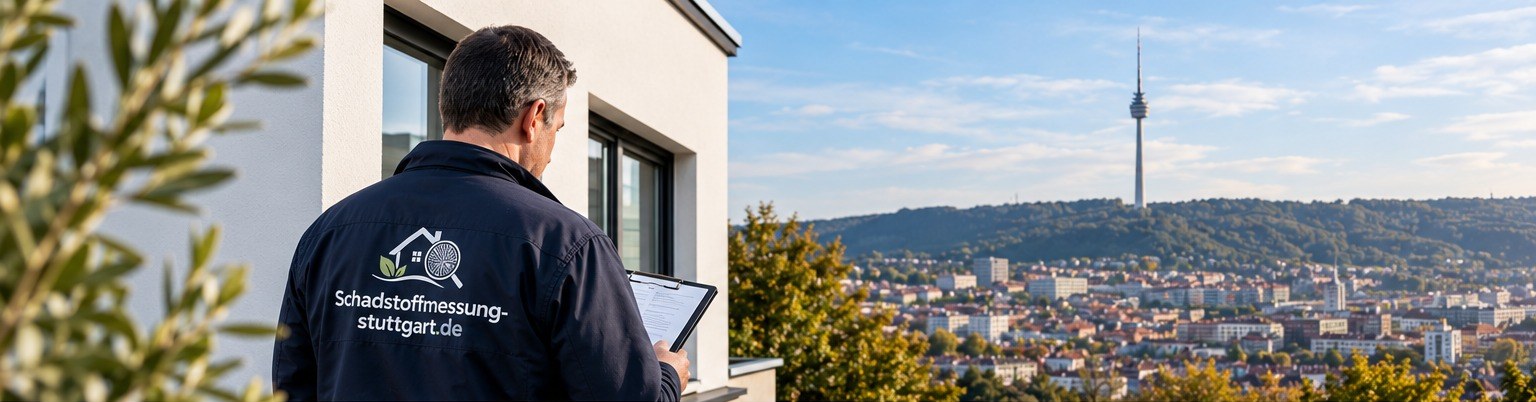Gutachter von Schadstoffmessung-stuttgart.de prüft ein Wohnhaus, im Hintergrund Stuttgart mit Fernsehturm